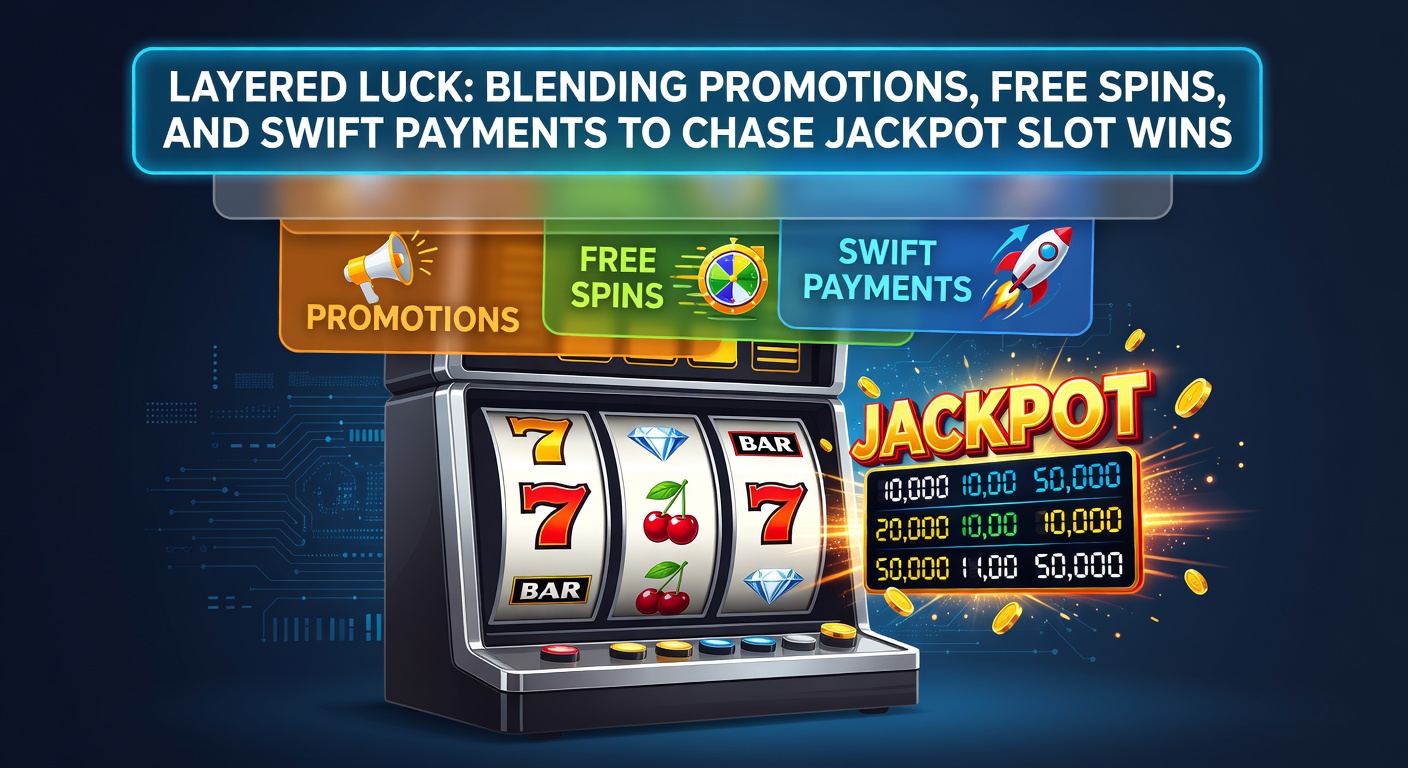 Vibrant slot machine reels spinning with jackpot symbols, overlaid by icons of promotions, free spins, and fast payment methods