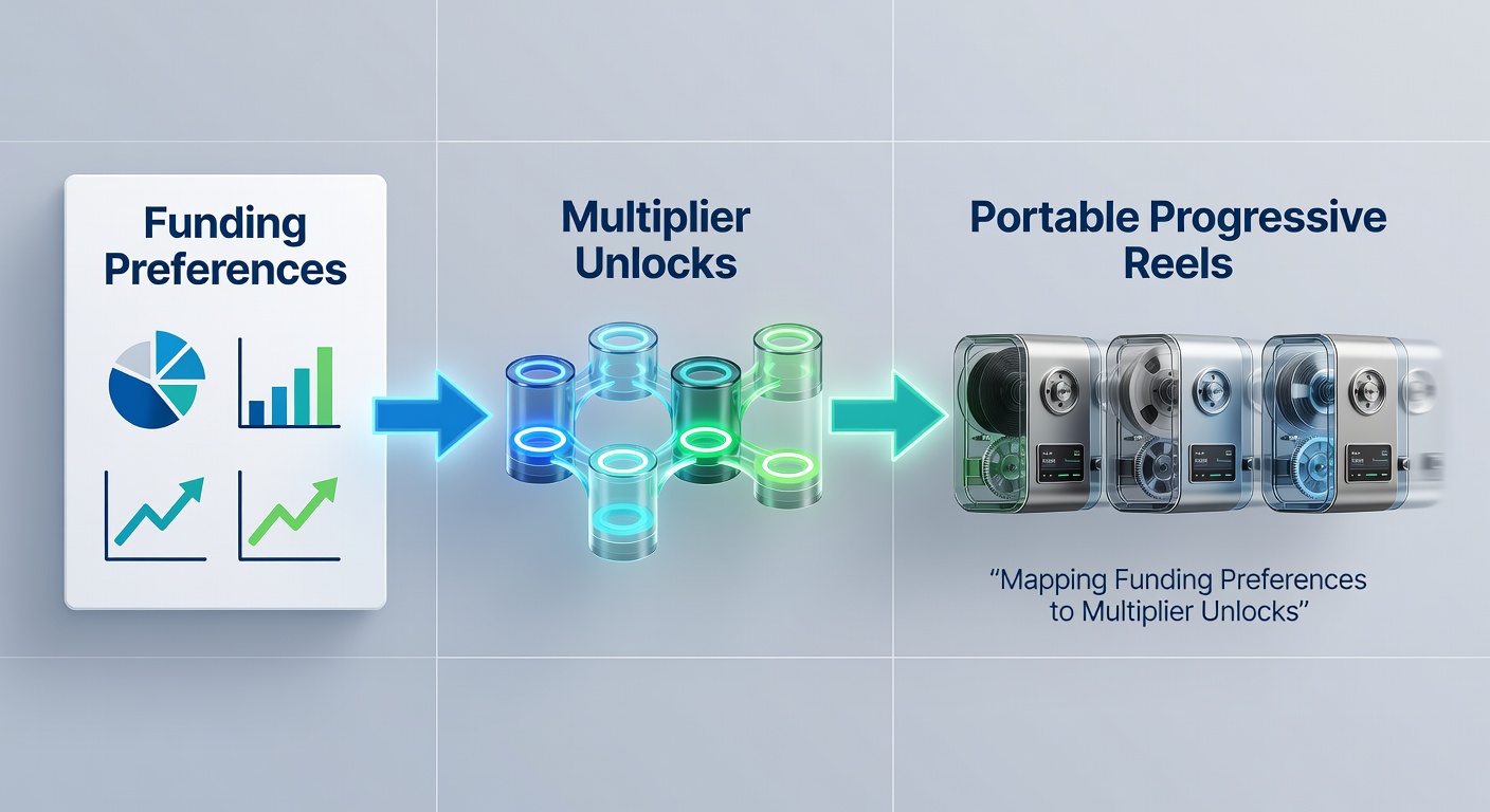 Infographic-style visualization of funding flows mapping to multiplier unlock points on progressive mobile reels