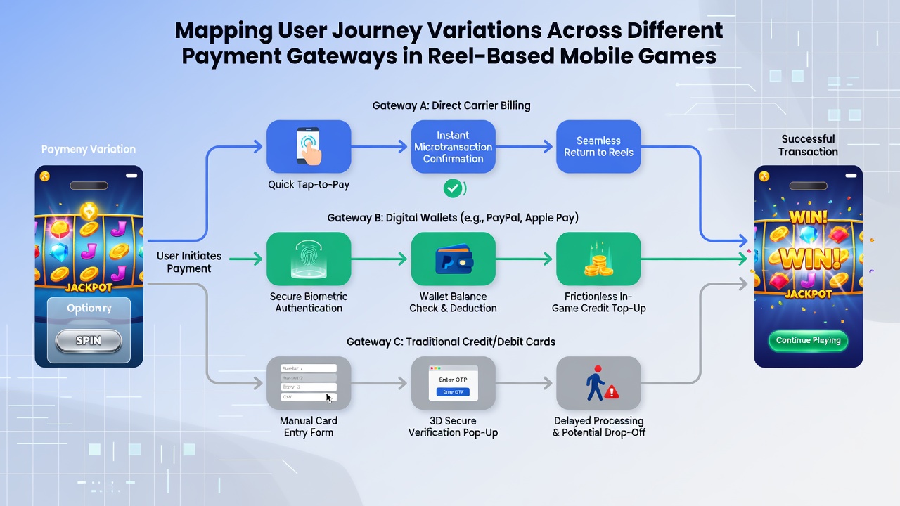 Diagram showing user journey branches between credit cards, e-wallets, and bank transfers in mobile reel environments