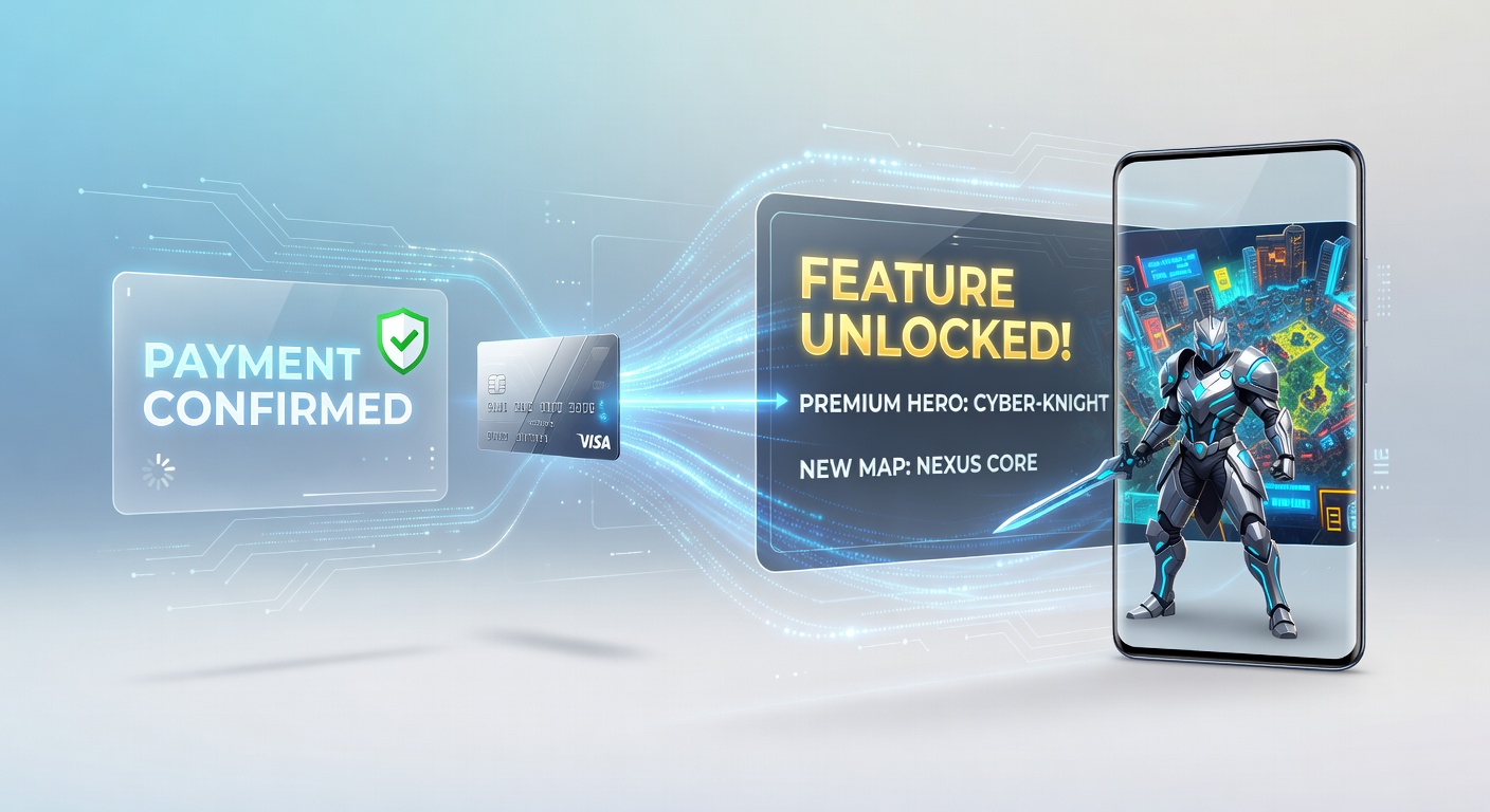 Diagram showing payment confirmation flow connecting to feature unlock triggers in a mobile progressive gaming app interface
